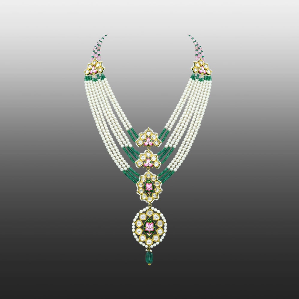 Pearl Necklace with Emerald, Tourmaline, and Polki Pendant